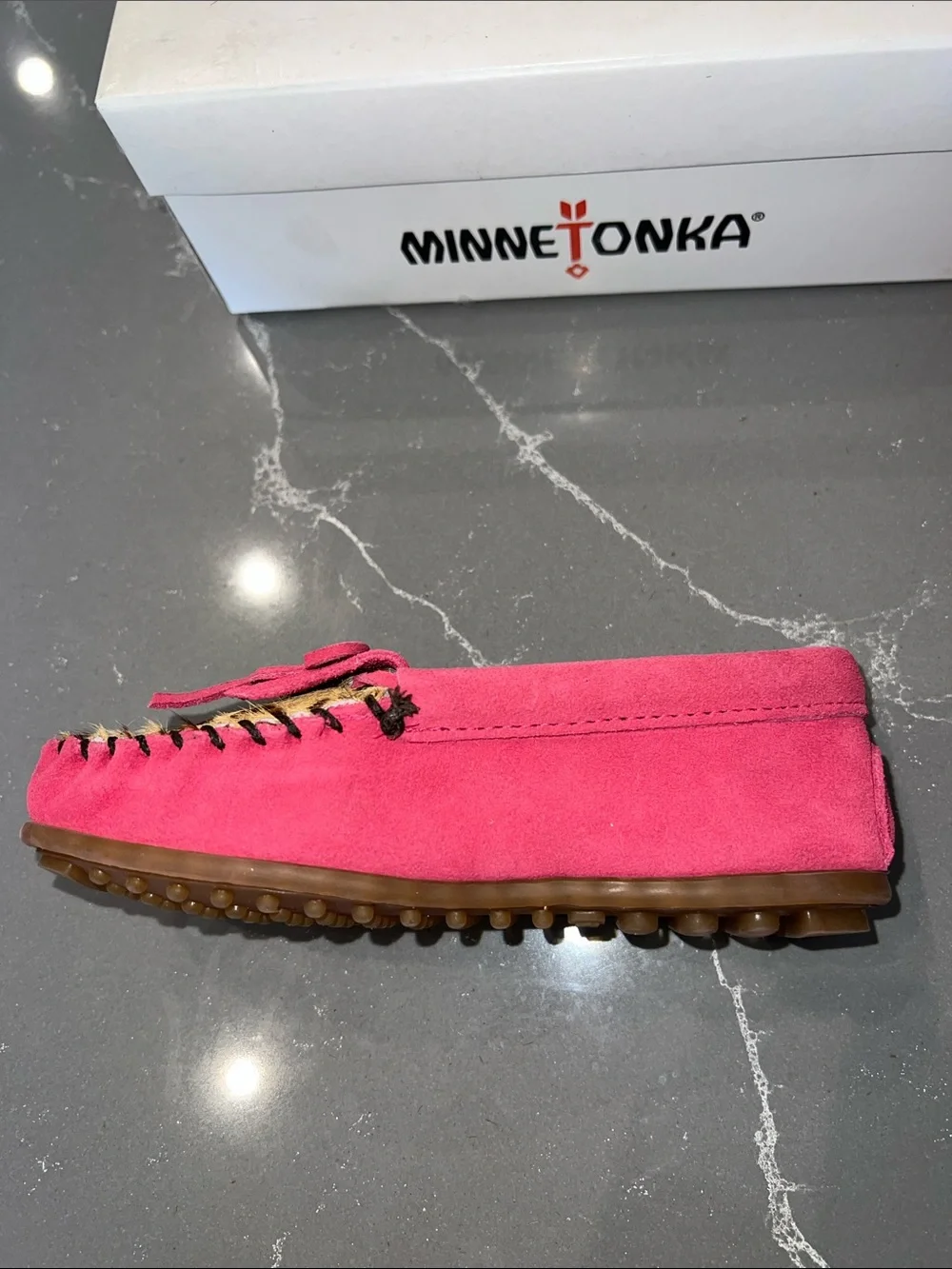 Minnetonka KIDS Suede Moccasins with Leopard Haircalf Accent HOT PINK